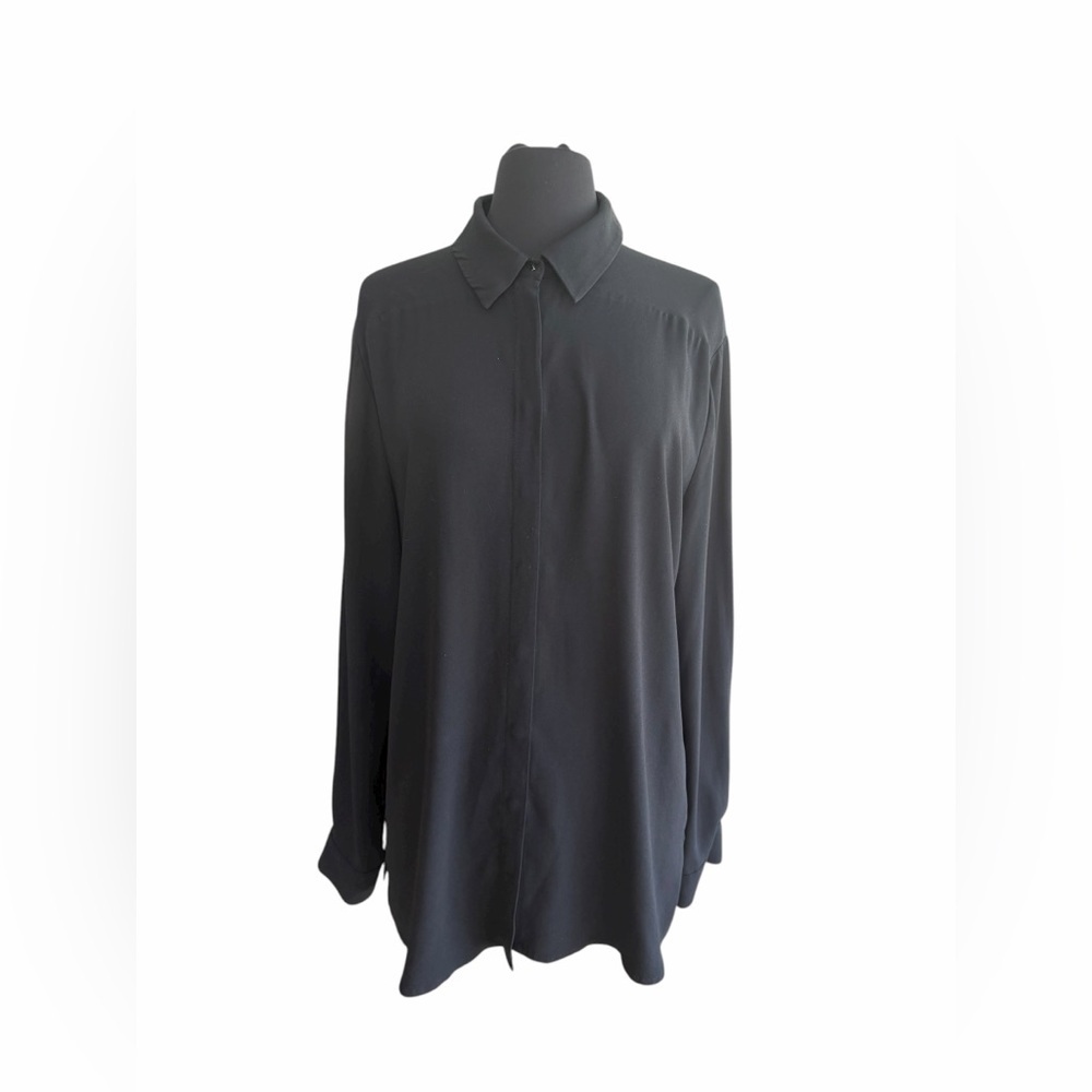 MM.LaFleur Black Button Front Blouse Womens Size 14 Silk Blend Career Top